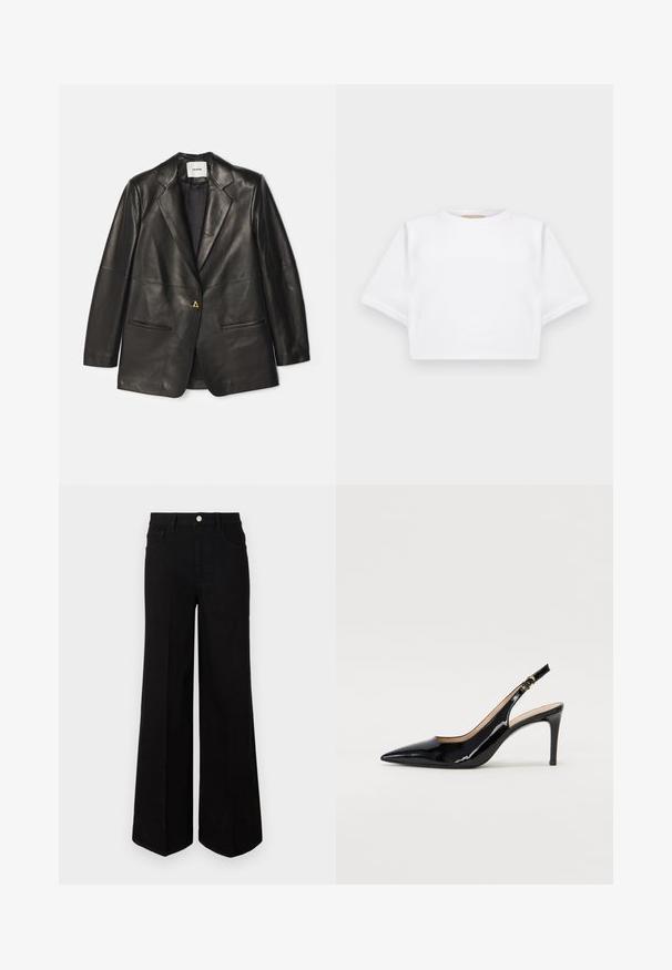 AERON Bőrdzseki - black; Rövid ujjú, puha anyagból készült, vágott fehér póló, kör alakú nyakkivágással és bordázott alsó résszel. Egyszerű és díszítetlen kialakítás.; Fekete, bő szárú farmernadrág, strapabíró anyagból készült, magas derékkal, elülső zsebekkel és elöl gombos záródással. Lapos szegély az alján.; Fekete lakk bőr kötött magassarkú cipő, hegyes orral és karcsú sarokkal, finom kivágásos dizájnnal. Az övön arany csatt található.