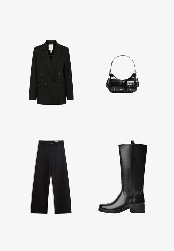 Černý dvouřadý blejzr s klopami, dvěma předními kapsami a knoflíkovými detaily. Vyroben z hladkého materiálu s elegantním siluetou.; Černé a bílé trička s dlouhým rukávem, se zaoblenými výstřihy, měkkou tkaninou a přiléhavým designem se přímými lemy.; Černé denimové kalhoty s volným střihem a vysokým pasem, vybavené předními a zadními kapsami, prošívanými švy a knoflíkovým zapínáním. Hladká textura.; Černé kozačky až ke kolenům z lesklé kůže s blokovým podpatkem, se svislými švy a poutkem na vrchu pro snadné obouvání.; Černá lakovaná kožená kabelka s křivkovým tvarem, jedním ramenním popruhem, předními kapsami a stříbrnými kovovými detaily.