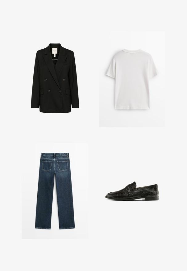 Černý dvouřadý blejzr s klopami, dvěma předními kapsami a knoflíkovými detaily. Vyroben z hladkého materiálu s elegantním siluetou.; Bílé bavlněné tričko s krátkými rukávy, kulatým výstřihem a hladkou texturou. Zadní strana je jednoduchá bez dalších vzorů nebo designů.; Tmavě modré džíny se rovný střih, přední dvě zadní kapsy a viditelné švy podél švů a okrajů.; Černé mokasíny s texturou krokodýlí kůže, vybavené výrazným páskem přes nárt, vystavené na bílém pozadí.