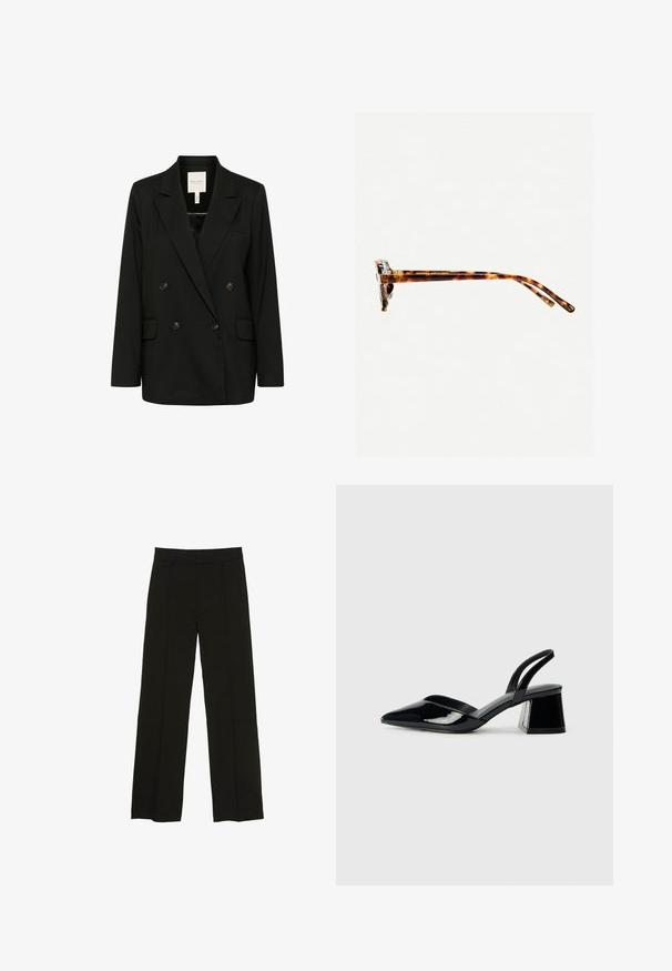 Črn dvoredni blazer s ožjimi reverji, dvema sprednjima žepoma in gumbnimi detajli. Narejen iz gladkega blaga z eleganto silhueto.; Rjav, enodelni kopalke z visokim ovratnikom in tankimi nastavljivimi naramnicami; ima visok rez na nogah in gladko teksturo. Brez vzorcev ali okrasnih elementov.; Črne široke hlače iz gladkega materiala, z oprsnikom in diskretnimi sprednjimi plisami za dodano teksturo.; Črne lakirane slingback pete s koničastim nosom in geometrijsko blokasto peto. Imajo eleganten, minimalističen dizajn in gladko teksturo.; Sončna očala iz želvosliva z debelimi okvirji, rahlo ukrivljenimi nogicami in gladko teksturo. Imajo klasičen dizajn z sijočim finišom.