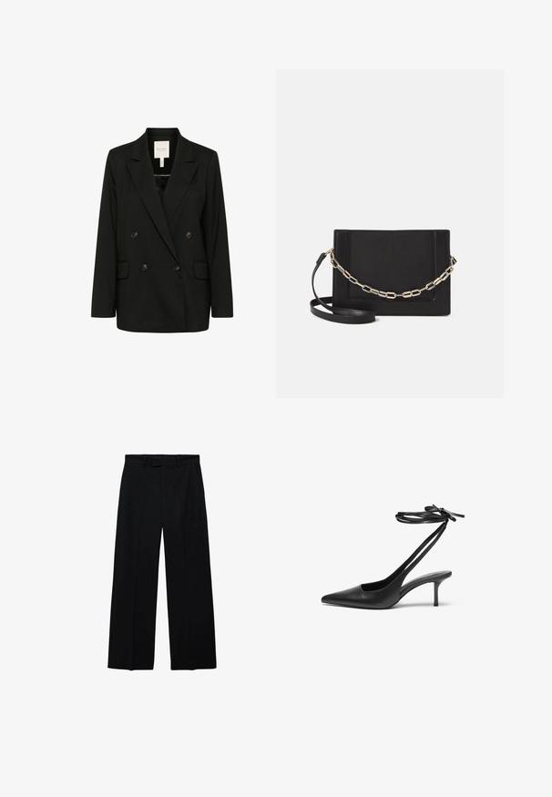 Black double-breasted blazer with notched lapels, two front pockets, and button accents. Made of smooth fabric with a sleek silhouette.; White short-sleeve ribbed top with a round neckline. Soft texture and relaxed fit, featuring a simple design without additional patterns.; Black high-waist wide-leg trousers with belt loops and side pockets, featuring a front zip and button closure.; Black leather stiletto shoe with a pointed toe, open back, and ankle straps tied in a bow. Slim 3-inch heel. Smooth texture, minimalist design.; Black leather crossbody bag featuring a smooth texture, rectangular shape, and a metallic chain detail on the front. Adjustable strap included.