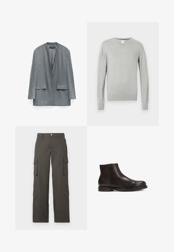 Blazer in lana grigia con una texture morbida, apertura frontale, maniche lunghe e tasche laterali. Presenta un design minimalista e una forma leggermente oversize.; Maglione grigio chiaro, design a v, maniche lunghe, polsini e orlo a costine, texture morbida. Etichetta del marchio posizionata sul collo.; T-shirt bianca in cotone con collo rotondo, maniche corte e vestibilità rilassata. Tessuto liscio, senza motivi né decorazioni.; Pantaloni cargo dritti grigio scuro con chiusura a bottone e quattro tasche con pattina, due sulle cosce e due vicino ai polpacci.; Stivale alla caviglia in pelle nera con una superficie liscia, punta arrotondata e tacco basso. Presenta una zip laterale per indossarlo facilmente.