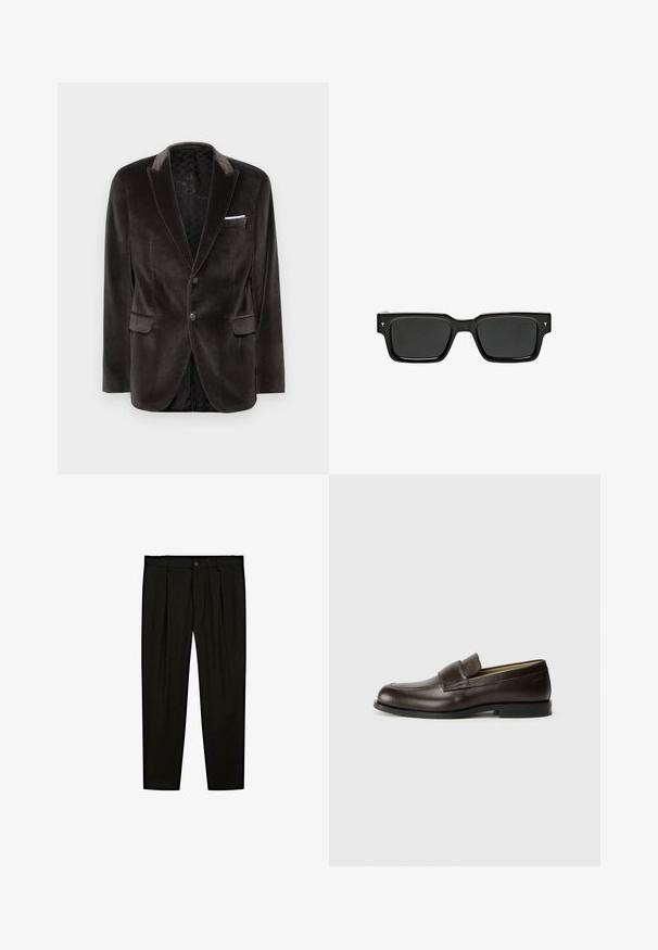 JOOP! HORACE szary; Biała koszulka z krótkim rękawem wykonana z miękkiego materiału. Posiada klasyczny okrągły dekolt i prosty krój, bez widocznych wzorów czy akcentów.; Czarne dopasowane spodnie wykonane z gładkiego materiału. Cechy to płaski przód, szerokie nogawki i zapięcie na guzik w pasie.; Calvin Klein - Półbuty wsuwane; Czarne prostokątne okulary przeciwsłoneczne z ciemnymi soczewkami, błyszcząca plastikowa oprawka i małe akcenty z logo na zausznikach. Płaski profil i ostre krawędzie.