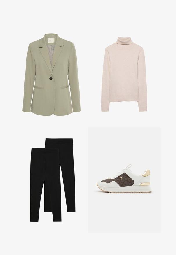 Kaffe SAKURA - Blazer - vetiver; Lyserød turtleneck sweater lavet af blødt strikket materiale. Har lange ærmer og ribbet krave og kant. Klassisk tætsiddende design.; Sorte leggings lavet af strækbart stof med en sømløs talje og en slim fit design, velegnet til afslappet brug eller træning.; Hvide sneakers med brunt mønstret stofpanel, guld hardwaredetaljer, rund tå, snørebåndsdesign og tekstureret gummisål.