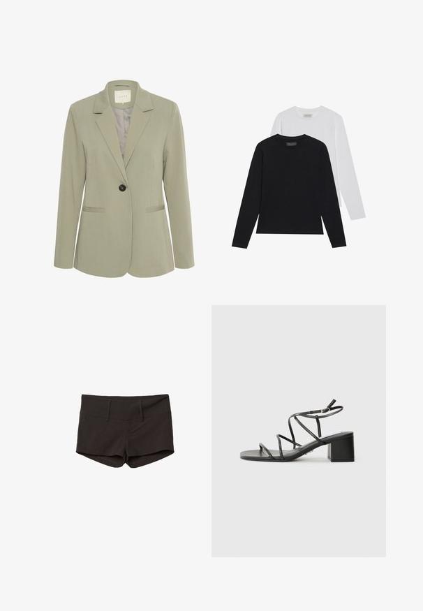 Kaffe SAKURA - Blazer - vetiver; To langærmede trøjer: én sort og én hvid. Begge har en rund halsudskæring og en glat, ribbet tekstur. Brandmærket er synligt indeni halsudskæringen.; Sorte bomuldsbukser med en tætsiddende design, der har en glat overflade og to forlommer. Mellemhøj talje og ingen iøjnefaldende mønstre.; Sorte remsandaler med firkantet tå og kraftig hæl, lavet af glat materiale. Har justerbare ankelremme og minimal hardware.