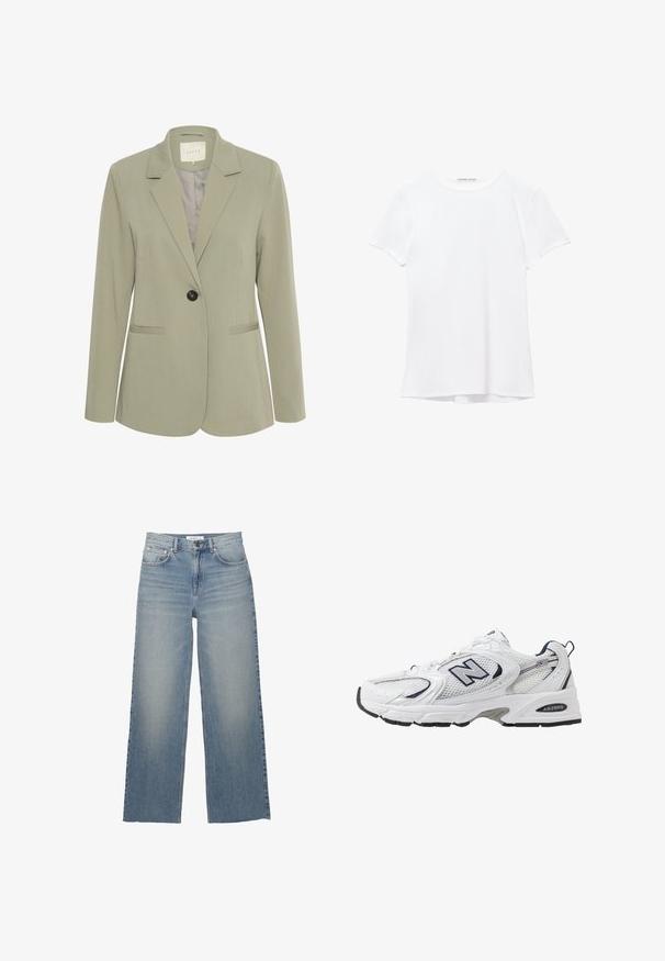 Kaffe KASAKURA BLAZER - Blejzer - vetiver; Biela tričká s krátkym rukávom vyrobené z hladkej tkaniny, s okrúhlym výstrihom a jemnými švami na leme.; Svetlomodré nohavice s širokými nohavicami vyrobené z denimu, s vysokým pásom, prednými vreckami a zapínaním na gombík. Hladká textúra s vyblednutými oblasťami.; Biele športové topánky s priedušným vrchným materiálom, námorníckymi akcentmi a polstrovanou podrážkou. Obsahujú logo "N", šnúrky a textúrovaný detail na boku.