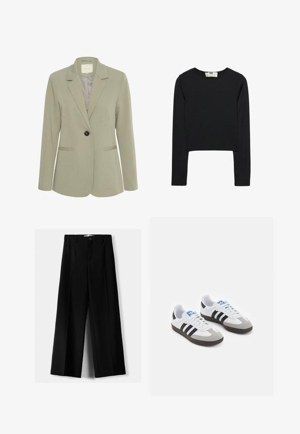 Kaffe KASAKURA BLAZER - Blazer - vetiver; Svart långärmad croptop i lättviktsmaterial, med rund halsringning och figurnära siluett, med rena sömmar och utan dekorationer.; Svarta vida byxor i lätt material, med knappstängning fram och platt front, samt väl sydda fållar.; Sportskor med överdel i vit läder, grå mocka på tårna och tre svarta ränder. Har en blå logotyp på tungan och en texturerad gummisula.