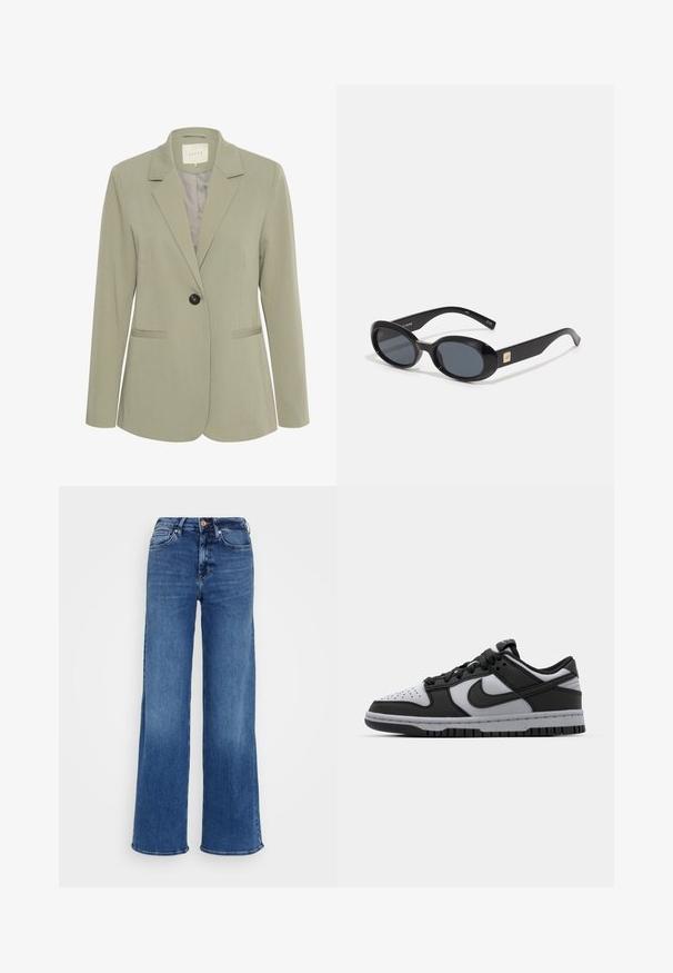 Kaffe KASAKURA BLAZER - Bleiseri - vetiver; Mustat pitkät hihat crop-top, joka on valmistettu kevyestä kankaasta. Tässä on pyöreä pääntie ja tiukka siluetti, puhtaat saumat ja ilman koristeita.; Keskisininen korkeavyötäröinen farkut leveillä lahkeilla, nappi- ja vetoketjukiinnitys sekä etu- ja takataskut, tasaisella vaaleanharmaalla taustalla.; Musta ja harmaa Nike Dunk matalaprofiilinen sneaker, jossa on rei'itetty varvasosa, sileät nahka-akcentit ja kumipohja, joka sisältää teksturoidun kuvion.; Mustat ovaalit aurinkolasit tummilla linsseillä, kiiltävä muovikehys, leveät sivut ja pieni kultainen yksityiskohta toisella puolella.