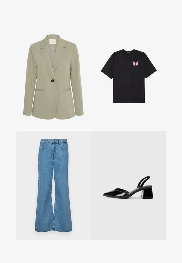 Kaffe KASAKURA BLAZER - Blazer - vetiver; Black cotton t-shirt with short sleeves, featuring a small pink butterfly graphic on the left chest. Crew neck design with a relaxed fit.; Light blue flared jeans made of denim, featuring a high waist, five pockets, and a single button closure. Soft texture with faded finish.; Black patent leather slingback heels with a pointed toe and a geometric block heel. Features a sleek, minimal design and smooth texture.