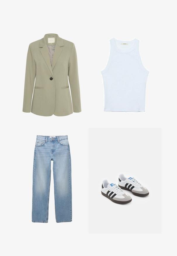 Kaffe KASAKURA BLAZER - Suknjič - vetiver; Bela majica bez rukavov, rebrasta tekstura, okrugli izrez, kroj koji prati tijelo, suptilno brendiranje na etiketi unutar ovratnika.; Svjetloplave traperice s ravnim nogavicama, stilom s pet džepova i vidljivim detaljima šivanja. Tkanina ima mekanu, malo izbljedjenu teksturu.; Športni čevlji z belim usnjenim zgornjim delom, sivim semišem na prstih in tremi črnimi črtami. Imajo modro logo na jeziku in teksturiran gumijast podplat.