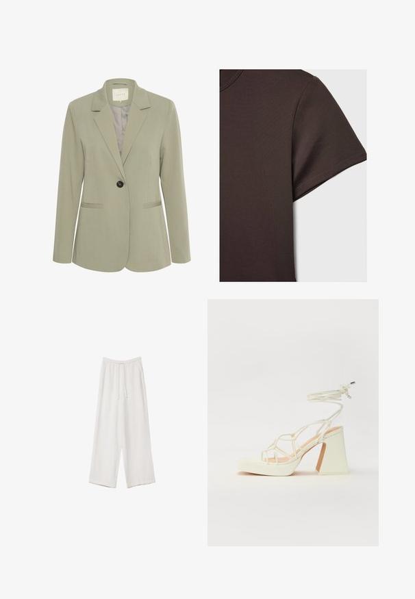 Kaffe KASAKURA BLAZER - Blazer - vetiver; Mørkebrun kortærmet t-shirt lavet af glat, strækbart materiale, med en klassisk rund halsudskæring og rene syninger.; Hvide bukser med bred benlængde lavet af et letvægtsstof. Har et elastisk talje med snor og sidelommer. Glat tekstur.; Hvide højhælede sandaler med en kraftig hæl, der har et stropdesign og ankelbinding. Glat tekstur med en platform foran for ekstra højde.