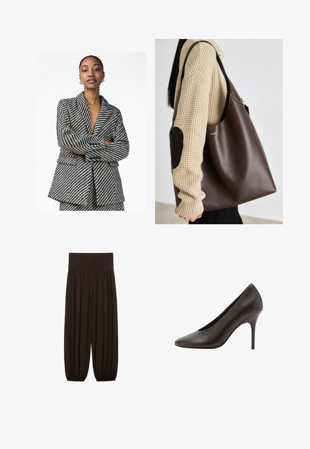 Schwarz-weiß gestreifter Blazer mit Schalkragen, langen Ärmeln und doppelter Knopfleiste. Das Material hat eine strukturierte Oberfläche.; Graues Langarmhemd aus leichtem Baumwollmix mit Rundhalsausschnitt und schlichter Textur ohne Muster oder Akzente.; Schwarze Hemd mit Knopfleiste, braun-, weiß- und grau-kariertem Muster, langen Ärmeln, Kragen und einer Fronttasche mit diagonalen Karomuster.; Braune plissierte Hose mit einem breiten, elastischen Bund. Der Stoff ist leicht und strukturiert und hat an den Säumen Gatherings.; Schwarzer Leder-Pumps mit spitz zulaufender Zehenpartie und schlankem Stilettospitz, auf der Seite gezeigt.; Braune Leder-Umhängetasche mit geräumigem Design. Verfügt über eine glatte Textur und ein dezentes Goldenes Logo. Kombiniert mit einem cremefarbenen Strickpullover.