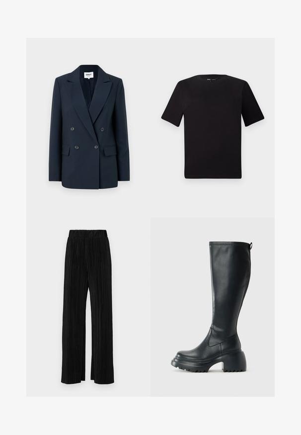 Tums zilas divrindas žakete ar izceltiem uzgaļiem, divām priekšējām kabatām un melniem pogām, izgatavota no gludas, teksturētas auduma.; Melnas īsām piedurknēm T-krekls ar apaļu kakla izgriezumu, izgatavots no mīksta kokvilnas auduma. Vienkāršs dizains, bez redzamām logo vai rakstiem.; Melni plīšu bikses ar elastīgu jostu. Tām ir platākas kājas un gluda, teksturēta auduma ar vertikālām svītrām.; Augstas melnas ādas zābakus ar masīvu platformu un bloka papēdi, ar vilkšanas cilpu un strukturētu profilu uz ārējā zoles.