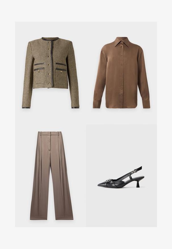 Υφασμάτινο μπουφάν σε χρυσό και μαύρο με στρογγυλή λαιμόκοψη, μπροστινές τσέπες και χρυσά κουμπιά. Διαθέτει δομημένη, κοντή σιλουέτα.; Καφέ μακρυμάνικο πουκάμισο με κουμπιά και μυτερό γιακά και μανσέτες, τοποθετημένο σε λευκό φόντο.; Φαρδιά παντελόνια σε ήπιο τόνο ταουπέ, φτιαγμένα από λεία ύφασμα με σατινέ φινίρισμα. Διαθέτει ραμμένο ζωνάκι και διακριτικές πιέτες.; Μαύρο δερμάτινο παπούτσι slingback με μυτερή μύτη, διακοσμητικές λωρίδες με μεταλλικά μάτια και χαμηλό μπλοκ τακούνι. Υφή επιφάνειας.