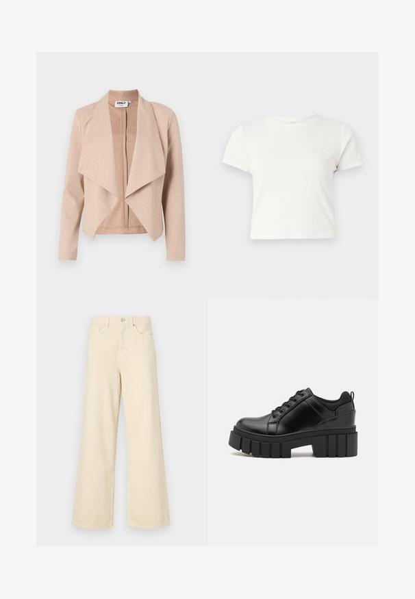 Casaco bege claro com fecho de correr, design com frente drapeada, mangas longas e textura suave. Etiqueta visível dentro do decote.; T-shirt branca curta feita de algodão, com mangas curtas, um decote redondo e uma bainha reta, apresentando uma textura suave e um design minimalista.; Jeans de perna larga bege feitos de algodão. Apresentam um fecho de botão, passadores para cinto e bolsos frontais com uma textura lisa e suave.; Sapatos de plataforma em couro preto com um salto bloco robusto, bico redondo e design clássico de atacadores. Apresentam uma textura suave e detalhes mínimos.