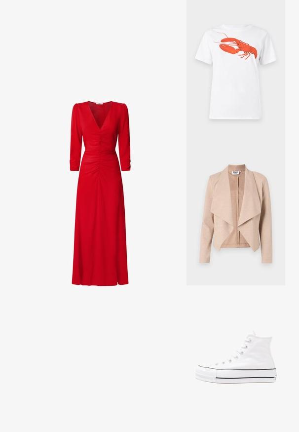 Gai bēšas krāsas jaku ar rāvējslēdzēju, ar piekrautu priekšpusi, garām piedurknēm un mīkstu tekstūru. Marķējums redzams iekšpusē apkaklītes.; Balta kokvilnas T-krekls ar lielu, spilgti sarkanu omāru grafiku uz priekšu. Īsas piedurknes un standarta apļveida kakla dizains.; Sarkana kleita ar V veida kakla izgriezumu, trīs ceturtdaļu piedurknēm un ruched detaļām viduklī un mugurā. Audums izskatās gluds un viegls.; Balti augstie kanvas sporta apavi ar melnu gumijas zoli, priekšējo gumijas purngalu un sešām acīm lencēm, kuriem ir tīrs, minimālistisks dizains.; Sarkans ādas rokassomi ar stūrainu, ģeometrisku dizainu. Iekļauj vienu regulējamu siksnu un vāku ar izšūtu detaļu.