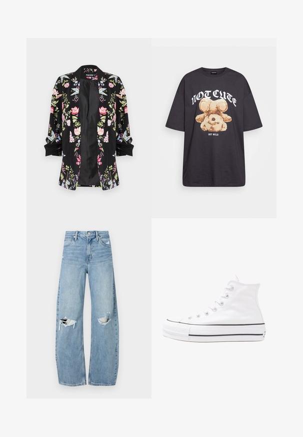 Černý kimono kabát s krátkými rukávy, zdobený barevnými květinovými vzory, s volnějším střihem a otevřeným předním dílem.; Černé oversized tričko s grafikou medvěda a textem „NENÍ CUTE, ALE DIVOKÝ“ v tučném bílém písmu. Bavlněný materiál.; Světle modré džíny s vysokým pasem vyrobené z denimu. Mají široké nohavice, dvě roztržené oblasti na kolenou a klasický pětikapsový střih.; Bílé vysoké plátěné tenisky s černou gumovou podrážkou, přední gumovou špičkou a šesti očky na tkaničky, se čistým, minimalistickým designem.