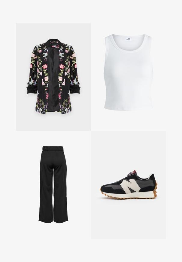 Crna kimono jakna s cvjetnim uzorkom i kratkim rukavima, ukrašena šarenim cvjetnim motivima, opuštenog je kroja i s otvorenim prednjim dijelom.; Bijela rebrasta majica bez rukava s okruglim izrezom i skraćenom dužinom. Na etiketi piše "JJXX." Glatka tekstura tkanine.; Crne hlače širokih nogavica s elastičnom waistbandom, izrađene od glatkog materijala. Imaju jednostavan dizajn bez džepova ili vidljivih šavova.; Crne i sive suede tenisice s velikim kremastim logom "N", ljubičastim pertlama i teksturiranim gumiranim potplatom.