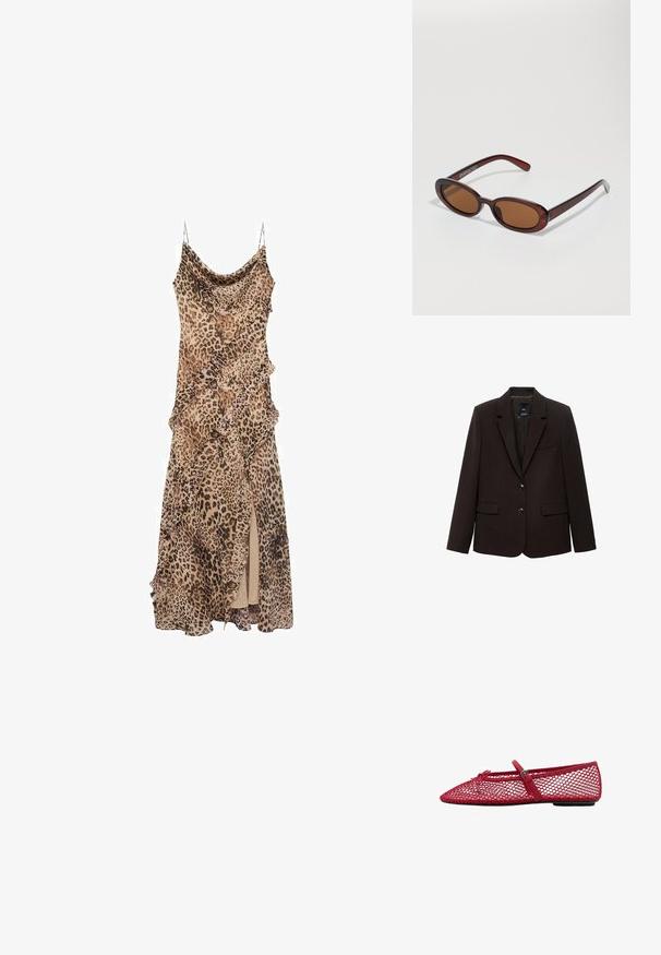Ciemnobrązowa marynarka wykonana z teksturowanej tkaniny, z klapami w szpic, dwoma przednimi kieszeniami i zapięciem na dwa guziki. Podszewka wewnętrzna.; Sukienka w panterkę o drapowanej konstrukcji, z falbanami wzdłuż brzegów i rozcięciem do uda. Wykonana z lekkiego materiału, z ramiączkami typu spaghetti.; Czerwone siateczkowe baletki z ostro zakończonym noskiem, z cienkim paskiem i zapięciem. Wierzch ma otwarty, plasterkowy wzór.; Okrągłe, brązowe okulary przeciwsłoneczne z błyszczącą bordową oprawą. Cienkie ramiona z subtelnym detalem marki. Płaski kształt soczewek.