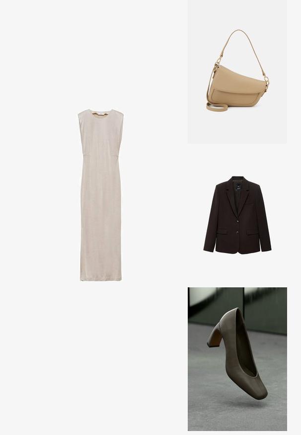 Sacou de culoare maro închis, fabricat dintr-un material texturat, având rever în formă de unghi, două buzunare frontale și două nasturi pentru închidere. Interior căptușit.; Rochie maxi fără mâneci, de culoare bej, cu decolteu rotund, siluetă dreaptă și slituri laterale. Confecționată dintr-un material neted cu o textură moale.; Pantof cu toc înalt din piele de culoare verde măsliniu închis, cu vârf pătrat și toc drept, plutind deasupra unei podele din beton gri, cu un fundal verde neclar.; Even&Odd Geantă de mână - beige