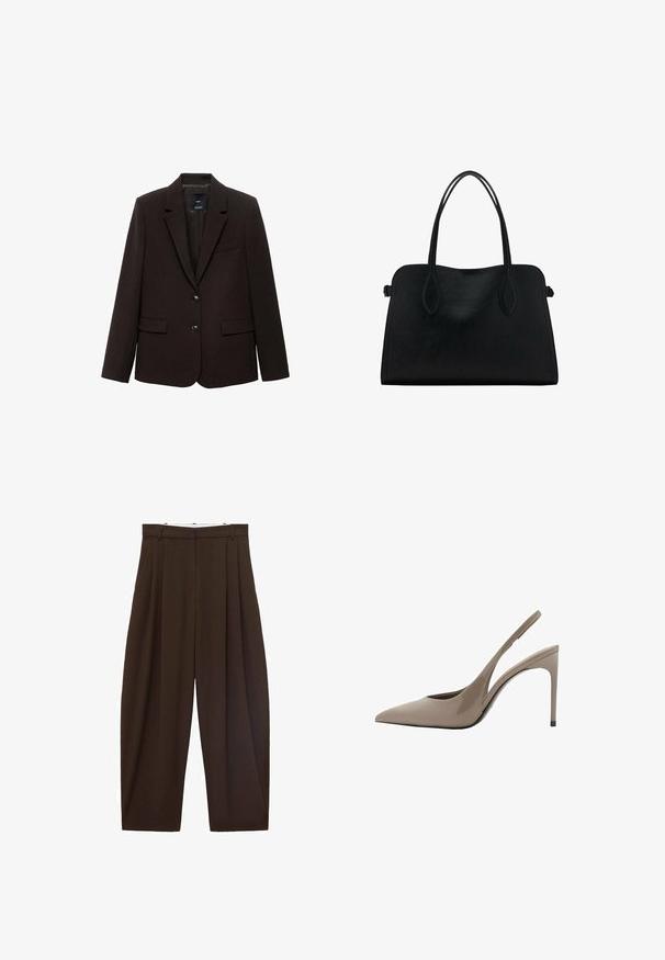 Tamnosmeđi sako od teksturirane tkanine, s reverom, dva prednja džepa i dva dugmeta za zatvaranje. Obložen unutrašnjost.; Bijela majica kratkih rukava od pamuka. Ima okrugli izrez i opušteni kroj. Glatka tekstura bez vidljivih uzoraka ili naglasaka.; Smeđe hlače visokog struka s nabranim detaljima, izrađene od glatkog materijala. Labav kroj, ravne nogavice, sa petljama za remen i zatvaračem na munju.; Beige lakirane kožne cipele s visokom potpeticom i otvorenom petom, s oštrim vrhom i elegantnim dizajnom, koje imaju tanku visoku potpeticu i izrez na bočnoj strani.; Crna kožna torba s dvostrukim naramenicama, pravokutnog oblika i minimalističkim dizajnom na bijeloj pozadini.