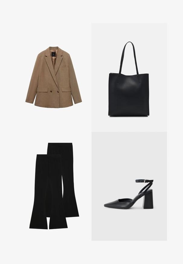 Sacou maro, cu două rânduri de nasturi, confecționat dintr-un material texturat. Are două buzunare frontale, rever cu tăietură și o căptușeală interioară netedă.; Tricou negru din bumbac, cu mâneci scurte, peste un strat alb cu mâneci lungi, având un model texturat subtil. Design cu guler rotund.; Pantaloni negri evazați din țesătură elastică, cu un talie înaltă și o textură fină, având un design ajustat care se lărgește de la genunchi.; Pantofii cu toc ascuțit din piele neagră, cu breteaua pentru glezne și toc gros. Textură netedă, design elegant și estetică minimală.; Geantă tote neagră din piele, cu textură netedă, formă rectangulară și două mânere lungi. Fără hardware vizibil sau ornamente.