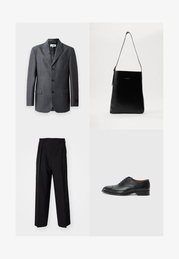 Pelēks žakets, kas izgatavots no teksturēta auduma, ar izgrieztiem kakla atlokiem, trim priekšējām pogām, divām sānu kabatām un vienu krūšu kabatu.; Balts garo piedurknēm krekliņš ar pogām, izgatavots no kokvilnas, ar krūšu kabatu ar tonālu izšuvumu, apkakli un pogām pie piedurknēm.; Melnas plisētās bikses ar taisnu, plata kāja dizainu. Izgatavotas no gludas auduma, ar pogu aizdari un jostas cilpiņām.; Melna ādas kleitkurpe ar gludu virsmu, noapaļota purngala, piecām acīm šņorēšanai un zemu bloku papēdi. Minimalistisks dizains ar smalku adījumu.; Melnas ādas pleca soma ar gludu tekstūru, taisnstūra formu un garu siksnu; centrā ir neliels balts logotips.