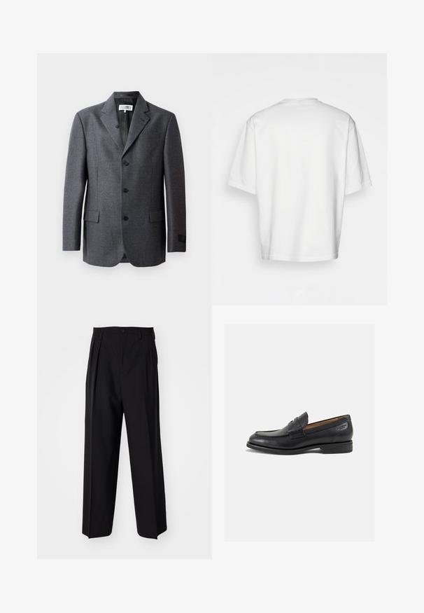 Sivý blejzer vyrobený z textúrovanej tkaniny, s klopovými goliermi, tromi prednými gombíkmi, dvoma bočnými vreckami a jedným vreckom na hrudi.; Biela tričko s krátkym rukávom, voľný strih, okrúhly výstrih, hladká bavlnená látka, nezdobená zadná strana, rovný lem, bez vzorov alebo akcentov.; Čierne skladané nohavice s rovnom, širokým strihom. Vyrobené z hladkého materiálu, s gombíkovým zapínaním a pútkami na opasok.; Čierne kožené mokasíny s hladkým povrchom, zaoblenou špičkou a dekoratívnym prešívaním na prednej časti. Nízky kokteilový opätok a jemný lesk.