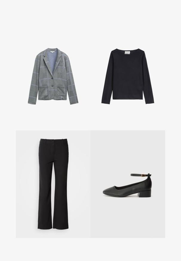 Pelēkā pārbaude žakete ar izgrieztu atloku, divām priekšējām kabatām, vienu pogu un teksturētu auduma rakstu.; Marc O'Polo Džemperis - deep night blue; Melni kokvilnas auduma bikses ar taisnu kāju dizainu, priekšējo pogu aizdari un divām sānu kabatām. Gluda tekstūra, bez redzamām rakstu zīmēm.; Melnas ādas sūkņi ar smailu purngalu un zemu bloku papēdi. Iezīmēts ar potītes siksniņu ar zelta krāsas sprādzi. Gluda tekstūra.