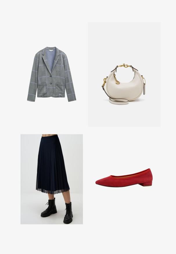 Grau karierter Blazer mit Reverskragen, zwei Fronttaschen, Ein-Knopf-Verschluss und strukturiertem Stoffmuster.; Weißes Langarm-Hemd mit Knöpfen und spitzem Kragen aus Baumwolle. Verfügt über ein kleines gesticktes Logo auf der linken Brust.; Marineblauer Faltenrock aus leichtem Stoff, mit mittellanger Länge bis zur Wadenmitte und einem enganliegenden Taillenbund, kombiniert mit schwarzen Kampfstiefeln.; Rote Wildleder Ballerinas mit spitzem Zeh, niedrigem Blockabsatz und elastischem Besatz am Schaft für eine enge Passform.; Cremfarbene Lederhandtasche in Mondform, mit goldenen Akzenten, schwarzen Details und einem abnehmbaren Gurt. Sie verfügt über eine Kettendetail und einen Anhänger.
