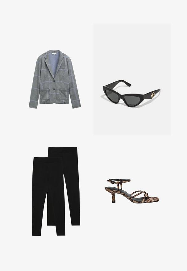 Grijze geblokte blazer met een gesneden revers, twee voorzakken, enkele knoopsluiting en een gemêleerd stofpatroon.; Twee lange mouwen turtleneck tops, één wit en één zwart, gemaakt van een gladde, rekbare stof, beide met een slank passend ontwerp en hoge kraag.; Zwarte leggings van rekbaar materiaal, met een naadloze tailleband en een slank ontwerp, geschikt voor casual wear of lichaamsbeweging.; Luipaardprint hakken met een vierkante neus, meerdere bandjes en een middelhoge hak. Gemaakt van zacht textielmateriaal.; Cat-eye zonnebrillen met een matte zwart plastic frame, donkere lenzen en een gouden logo-accent op de poot. Hoekig ontwerp en een soepele textuur.