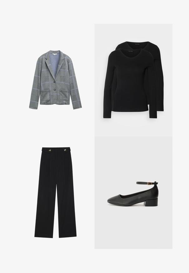 Grau karierter Blazer mit Reverskragen, zwei Fronttaschen, Ein-Knopf-Verschluss und strukturiertem Stoffmuster.; Zwei schwarze Langarmshirts mit V-Ausschnitt, aus weichem, dehnbarem Stoff, der eine glatte Textur und eine figurbetonte Passform zeigt.; Schwarze weite Hosen mit hoher Taille, Knopfdetails am Bund und vorderen Falten.; Schwarze Lederpumps mit spitzem Zehenbereich und niedrigem Blockabsatz. Mit einem Knöchelriemen und einer goldfarbenen Schnalle. Glatte Textur.