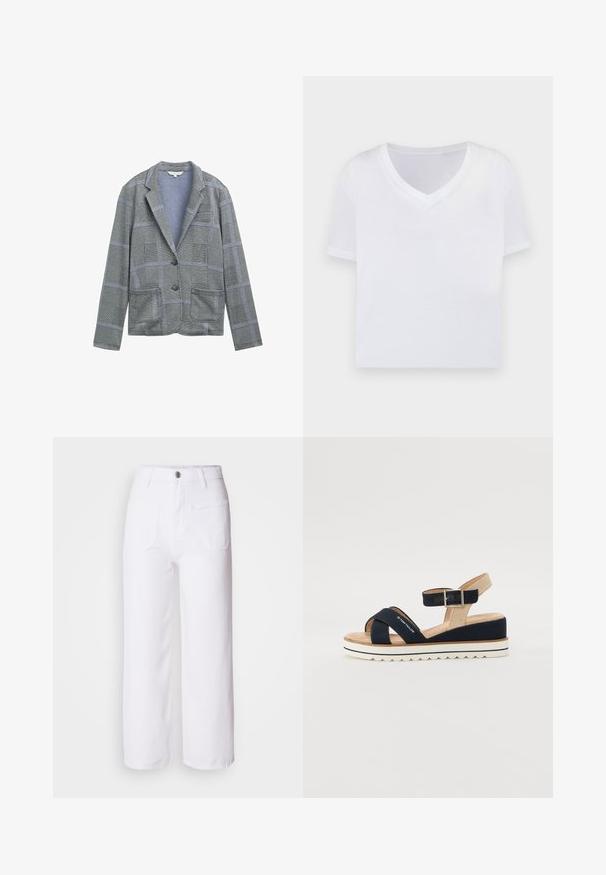 Blazer à carreaux gris avec un col cranté, deux poches avant, fermeture à un bouton et motif de tissu texturé.; T-shirt blanc court avec un col en V, des manches courtes et un tissu lisse et léger. Pas de motifs ni de matériel visible. Design simple.; Pantalons larges en denim blanc avec une fermeture à bouton, passants de ceinture, deux poches avant et une poche arrière. Tissu durable et texturé.; Sandale bleu marine avec deux sangles en tissu, sangle de cheville ajustable et dos beige texturé. Semelle épaisse blanche à bords scallopés. Marque imprimée sur la sangle.