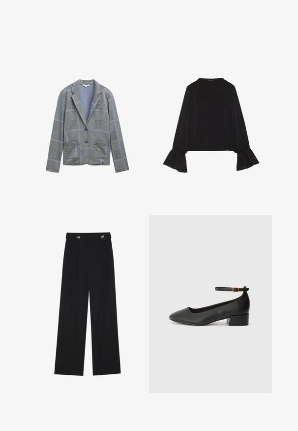 Grau karierter Blazer mit Reverskragen, zwei Fronttaschen, Ein-Knopf-Verschluss und strukturiertem Stoffmuster.; Schwarz langärmliges Oberteil mit ausgestellt geschnittenen Bündchen, weicher Textur und entspannter Passform, mit einem schlichten runden Halsausschnitt.; Schwarze weite Hosen mit hoher Taille, Knopfdetails am Bund und vorderen Falten.; Schwarze Lederpumps mit spitzem Zehenbereich und niedrigem Blockabsatz. Mit einem Knöchelriemen und einer goldfarbenen Schnalle. Glatte Textur.