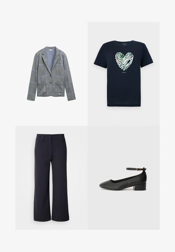 Blazer a quadri grigi con revers a punta, due tasche frontali, chiusura con un bottone e motivo in tessuto testurizzato.; T-shirt in cotone blu navy con una grafica a forma di cuore in motivi a spirale verde e crema. Collo a giro, maniche corte e orlo dritto.; Pantaloni a gamba larga di tessuto blu navy scuro. Presentano una parte anteriore piatta, passanti per cintura e tasche laterali. Il materiale è morbido con una leggera elasticità.; Pump in pelle nera con punta affusolata e tacco basso a blocco. Presenta una cinghia alla caviglia con una fibbia in tonalità oro. Texture liscia.