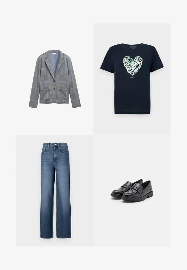 Šedý kostkovaný blazer s klopovým límcem, dvěma předními kapsami, zapínáním na jeden knoflík a texturovaným vzorem látky.; Námořnická modrá bavlněná tričko s grafickým vzorem ve tvaru srdce v zelených a krémových vířivých vzorech. Kulatý výstřih, krátké rukávy a rovný lem.; Modré džíny s vysokým pasem a širokým střihem. Mají klasický design s pěti kapsami a kovovými knoflíky.; Černé lakované mokasíny s hladkým povrchem, páskem přes přední část a texturovanou podrážkou. Zaoblený design špičky. Lehká konstrukce.