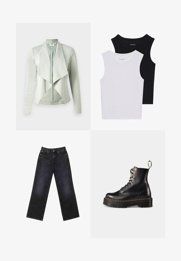 Jasnozielona, długa kurtka z długim rękawem, z otwartym przodem, z bufiastym kołnierzem i gładką, miękką fakturą. Wykonana z elastycznego materiału.; Dwie bezrękawniki w kolorze czarnym i białym, wykonane z prążkowanej bawełny, z okrągłymi dekoltami i dopasowanym fasonem. Widoczne etykiety na obu.; Czarne dżinsy z wysokim stanem i szerokimi nogawkami, pięciokieszeniowy design oraz widoczne szwy. Materiał ma gładkie, lekko teksturowane wykończenie.; Czarne skórzane buty za kostkę z sznurówkami, z masywną czarną podeszwą i żółtym przeszyciem. Posiadają pętelkę z tyłu oraz okrągłe metalowe oczka.