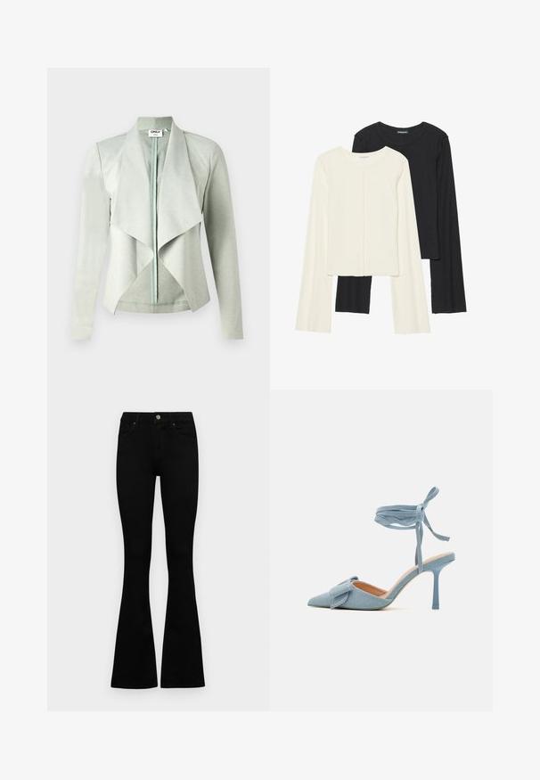 Világoszöld, hosszú ujjú dzseki nyitott elülső résszel, drapírozott gallérral és sima, puha textúrával. Rugalmas anyagból készült.; Két darabból álló hosszú ujjú felsők szettje fehér és fekete színben. Bordás textúra, kerek nyakkivágás, testhez simuló fazon, enyhén bővülő ujjakkal.; Fekete, magas derekú farmernadrág gomb- és cipzárzárral, elülső zsebekkel és harangszárral, laposan egy fehér háttérre terítve.; Hegyes orrú magassarkú cipő világoskék szövetből, texturált felülettel, masnis díszítéssel és bokapánttal a biztos illeszkedésért.