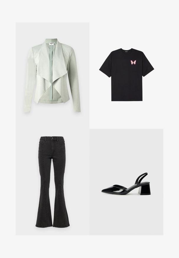 Gaiši zaļš, garām piedurknēm, jaku ar atvērtu priekšu, kurai ir drapēts apkakle un gluda, mīksta tekstūra. Izgatavota no elastīgas auduma.; Melna kokvilnas T-krekls ar īsām piedurknēm, kuram priekšā kreisajā pusē ir neliels rozā tauriņa grafiskais attēls. Ar apaļu kaklu un brīvā stila piegriezumu.; Melnas džinsu bikses ar platām kājām un augstu jostas vietu, ar sānu šuvēm un gludu apdari pie apakšmalas. Audumam ir gluda tekstūra ar nelielu stiepšanos.; Melna lakota āda ar atvērto papēdi, ar smailu purngalu un ģeometrisku blokpapēdi. Iezīmējas elegants, minimāls dizains un gluda tekstūra.