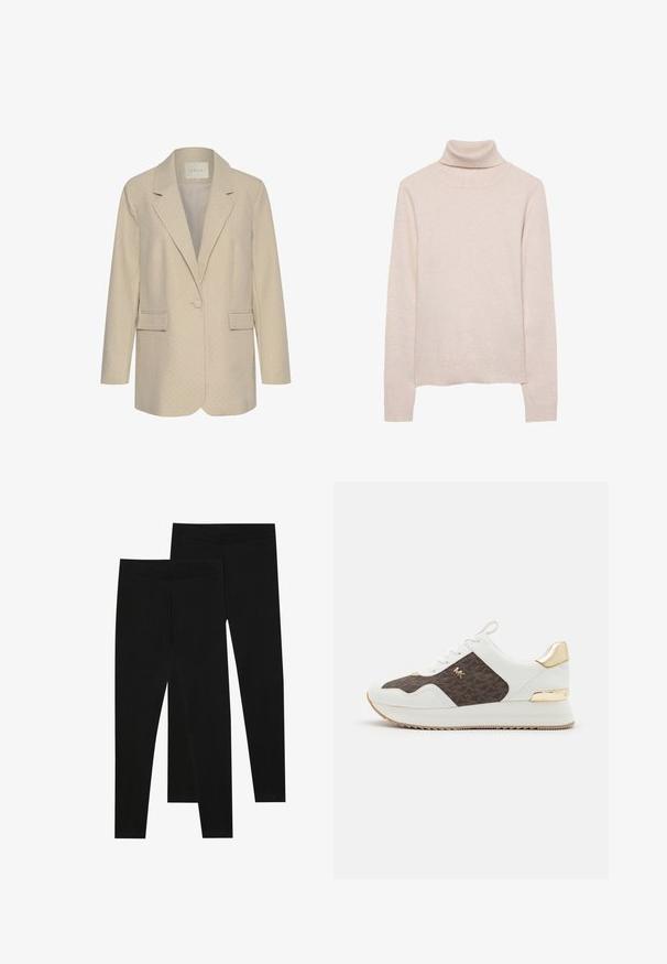 Beige Blazer mit einem dezenten gepunkteten Muster, einreihiger Knopfverschluss, mit Revers und zwei Vordertaschen. Figurbetonte Passform mit langen Ärmeln.; Hellrosa Rollkragenpullover aus weichem Strickmaterial. Verfügt über lange Ärmel sowie einen gerippten Kragen und Saum. Klassisches, enganliegendes Design.; Schwarze Leggings aus dehnbarem Stoff, mit einem nahtlosen Bund und einer schmalen Passform, geeignet für Freizeit oder Sport.; Weiße Sneakers mit braunem gemustertem Stoffpaneel, goldenen Hardware-Akzenten, runder Zehenpartie, Schnürdesign und strukturiertem Gummisohle.