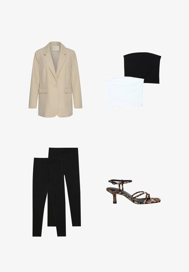 Beige sako s jemným tečkovaným vzorem, zapínání na jeden knoflík, klopové límce a dvě přední kapsy. Přizpůsobený střih s dlouhými rukávy.; Dvě hladké trubkové šály: jedna černá a jedna bílá. Obě jsou vyrobené z měkké, elastické látky a mají hladký povrch bez vzorů.; Černé legíny vyrobené z elastického materiálu, s bezešvým pasem a slim fit designem, vhodné pro každodenní nošení nebo cvičení.; Sandály na podpatku s leopardím vzorem, čtveratou špičkou, více popruhy a středně vysokým podpatkem. Vyrobeno z měkkého textilního materiálu.