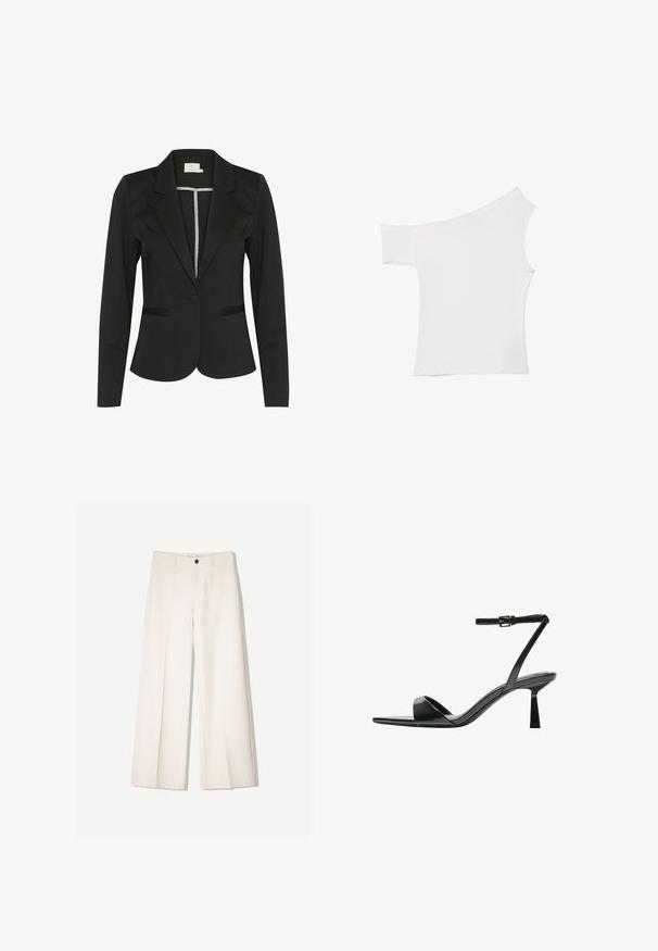 Veste noire en tissu lisse, avec une coupe ajustée, des revers crantés, une fermeture à un seul bouton et deux poches frontales.; Haut blanc asymétrique en tissu satin, comportant une manches courte et un design dénudé d'épaule, avec un look propre et minimaliste.; Pantalons larges crème avec un design ajusté, comportant deux poches avant et une fermeture à un bouton sur le devant, fabriqués en tissu lisse.; Bershka Sandales à talons hauts - black