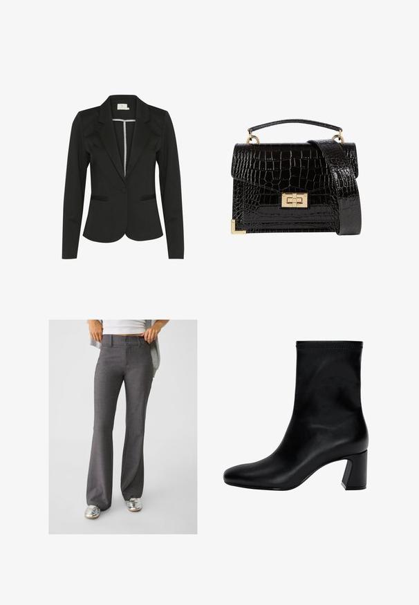 Black blazer made of smooth fabric, featuring a fitted design, notched lapels, single button closure, and two front pockets.; Black polo shirt with a collared neck, short sleeves, five-button placket, side slits, and a white embroidered logo on the chest.; Gray flared trousers made of textured fabric, featuring a two-button closure and belt loops, paired with shiny silver sneakers.; Black ankle boot made of smooth leather. Features a square toe, elasticated top, and a chunky heel for stability. Minimalist design.; Black patent leather handbag with a crocodile texture, gold hardware, a top handle, and a detachable shoulder strap. Rectangular shape with a flap closure.