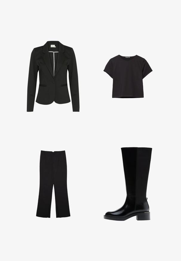 Černý blazer vyrobený z hladkého materiálu, s přiléhavým střihem, výkroji na klopách, zapínáním na jeden knoflík a dvěma předními kapsami.; Černý krátký rukávový crop top z měkké látky, s kulatým výstřihem a volnějším střihem s rovnou spodní částí.; Černé kalhoty s rovným střihem, s předními kapsami a bočními rozparky na lemu. Vyrobené z jemné, hladké tkaniny. Vhodné na různé příležitosti.; Černá kozačka ke kolenu z hladké kůže, s výrazným prošíváním, robustním podpatkem a texturovaným zadním panelem pro větší zajímavost.