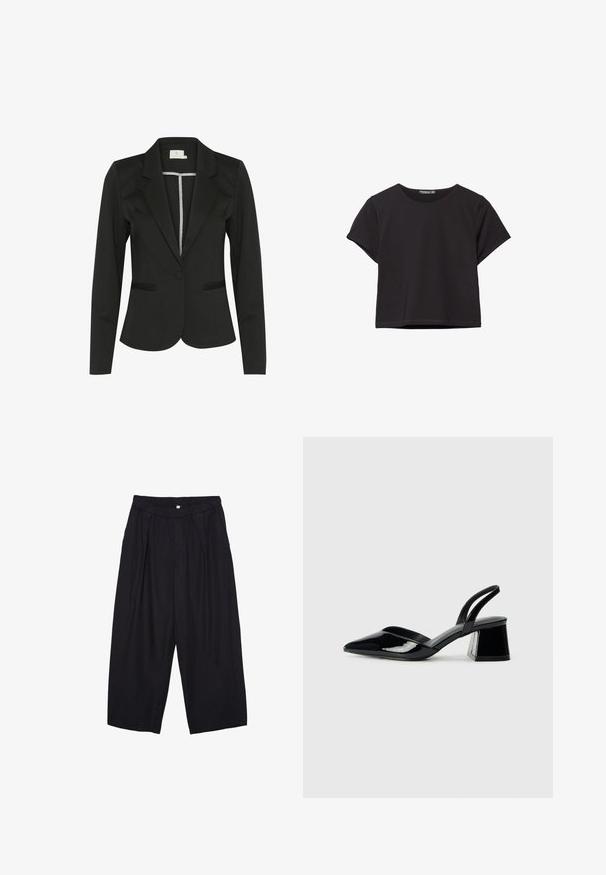 Schwarzes Blazer aus glattem Stoff, mit schmalem Schnitt, Reverskragen, einem Knopfverschluss und zwei vorderen Taschen.; Schwarzes kurzärmliges Crop-Top aus weichem Stoff, mit rundem Halsausschnitt und einem lässigen Schnitt mit einem sauberen Saum.; Schwarze Polyester-Culotte mit einem elastischen Bund, zwei vorderen Falten und einer lockeren Silhouette. Keine sichtbaren Muster oder Hardware-Details.; Schwarze Lackleder-Slingback-High Heels mit spitzem Schuh und einem geometrischen Blockabsatz. Verfügt über ein schlankes, minimalistisches Design und eine glatte Textur.