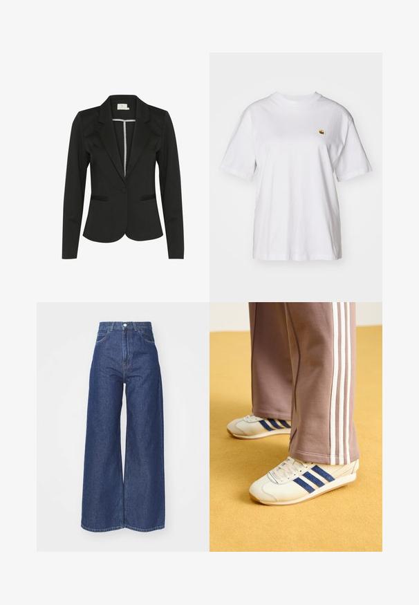 Blazer negro de tejido suave, con un diseño ajustado, solapas muesca, cierre de un solo botón y dos bolsillos frontales.; Camisa de algodón blanca con corte relajado, mangas cortas y un pequeño logotipo bordado en el área del pecho izquierdo.; Jeans de pierna ancha hechos de denim azul oscuro. Diseño de altura alta con cremallera y cierre de botón. Cuenta con el estilo clásico de cinco bolsillos y bordes rematados.; Zapatillas de crema con rayas de ante azul, cordones blancos y suela de goma. Combinadas con pantalones de chándal grises que presentan rayas laterales blancas.