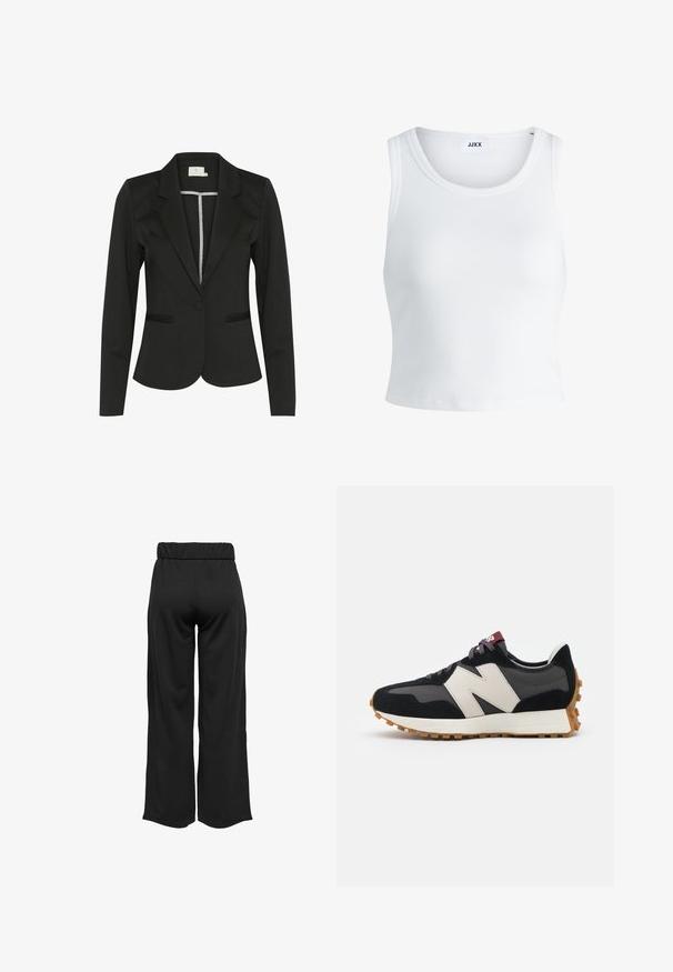 Schwarzes Blazer aus glattem Stoff, mit schmalem Schnitt, Reverskragen, einem Knopfverschluss und zwei vorderen Taschen.; Weißes, geripptes Tanktop mit rundem Halsausschnitt, ärmellosem Design und kurzer Länge. Das Etikett trägt die Aufschrift "JJXX". Glatte Stoffstruktur.; Schwarze, weit geschnittene Hose mit elastischem Bund, aus glattem Stoff gefertigt. Hat ein cleanes Design ohne Taschen oder sichtbare Nähte.; Schwarze und graue Wildledersneaker mit einem großen cremefarbenen "N"-Logo, lila Schnürsenkeln und einer strukturierten Gummisohle.