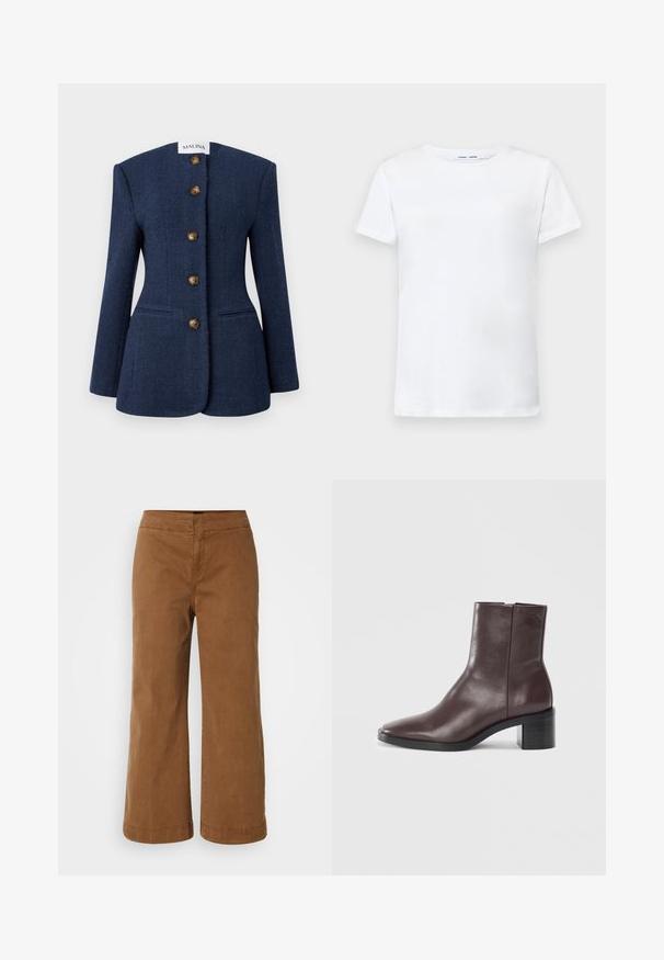 Sötétkék tweed zakó strukturált kialakítással, öt barna gombbal és két elülső zsebbel. Magas, lapos gallérral és hosszú ujjakkal rendelkezik.; Fehér, rövid ujjú póló, pamutból készült, kerek nyakkivágással. Sima textúrájú, egyenes vonalú, minta vagy díszítés nélkül.; Barna, széles lábú nadrág, puha anyagból, sima textúrával. Magas derékkal és varrott részletekkel rendelkezik.; Sötétbarna bőr bokacipő négyzet alakú orral, tömör sarokkal, és diszkrét, a tetején elhelyezett dombornyomott logóval, egy sima fehér háttér előtt.