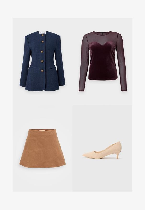 Tummansininen tweed-takkia, jossa on jämäkkä muotoilu, viisi ruskeaa nappia ja kaksi etutaskua. Mukana korkea, litteä kaulus ja pitkät hihat.; Burgundin pitkähihaisessa paidassa on samettinen vartalo, sydän pääntie ja läpikuultavat verkko-ouset, sileä rakenne ja vartalonmyötäinen muoto.; Ruskea corduroy-minihame, jossa on kellottava muotoilu, diagonaaliset saumat ja sileä pinta. Ylhäällä litteä vyötärö.; Beige mokkanahkasaappaat, joissa on teräväkärkinen muotoilu ja hoikka, 2-tuuman korko. Pintakosi on sileä ja yksinkertainen ilman ylimääräisiä yksityiskohtia.
