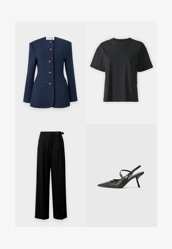 Tumesinine tweed bleiser struktuurse disainiga, viis pruuni nuppu ja kaks esist pocketit. Omab kõrget, lapikut kaelariba ja pikki varrukaid.; Must have lühikeste varrukatega puuvillane must T-särk, millel on lõdvestunud lõige ja kontrastne külgpanel, mis sisaldab väikest teksti ja kujunduselemente.; Mustad kõrge vöökohaga mustad laiad püksid, millel on ees voldid ja vöö, millel on pandla. Valmistatud siledast ja kergest kangast.; Must musta slingback kontsad, terava nina, peenike konts ja dekoratiivne pandla detail peal. Sile tekstuur ja stiilne disain.